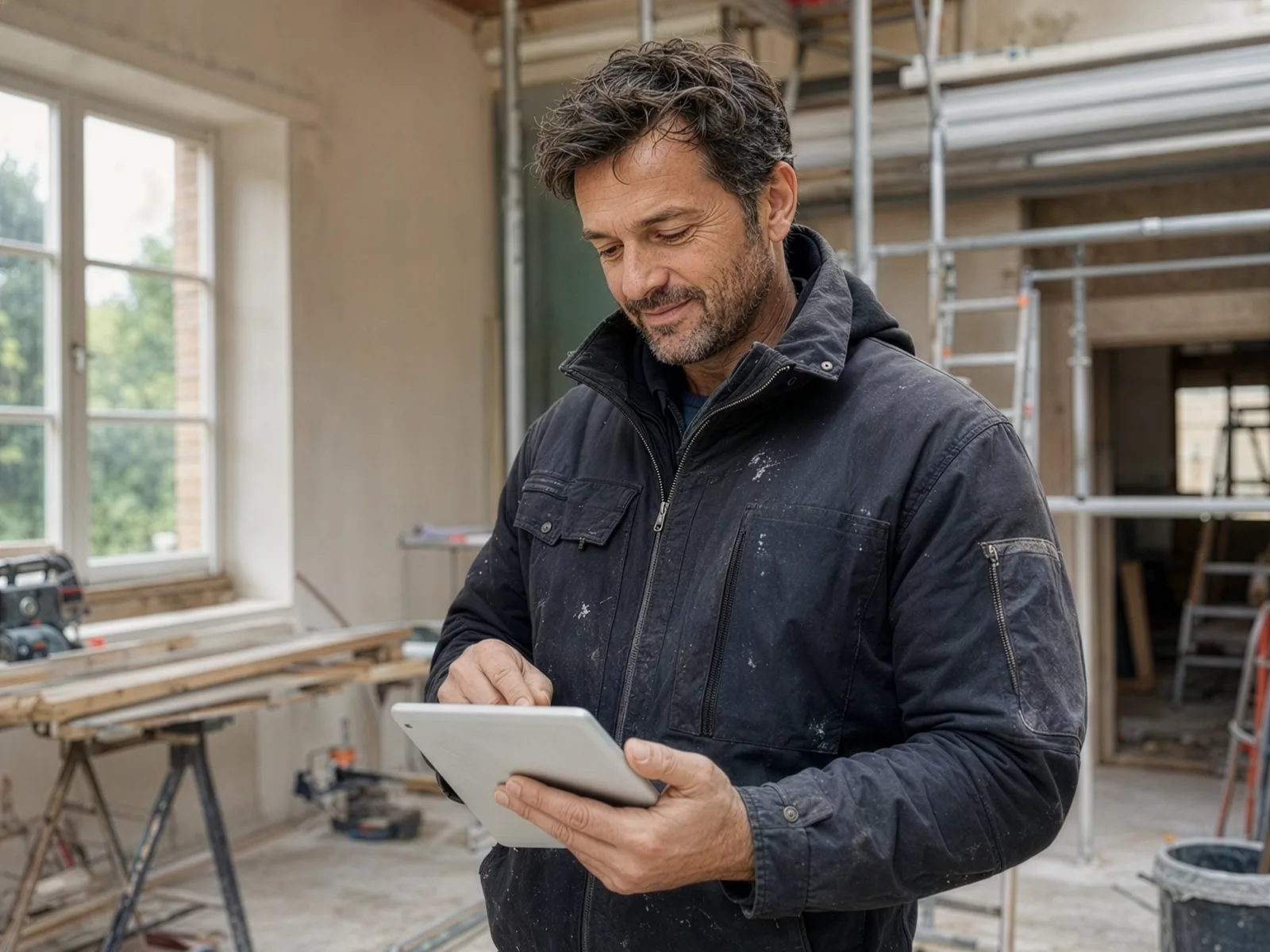 Bauunternehmer mit Tablet auf der Baustelle