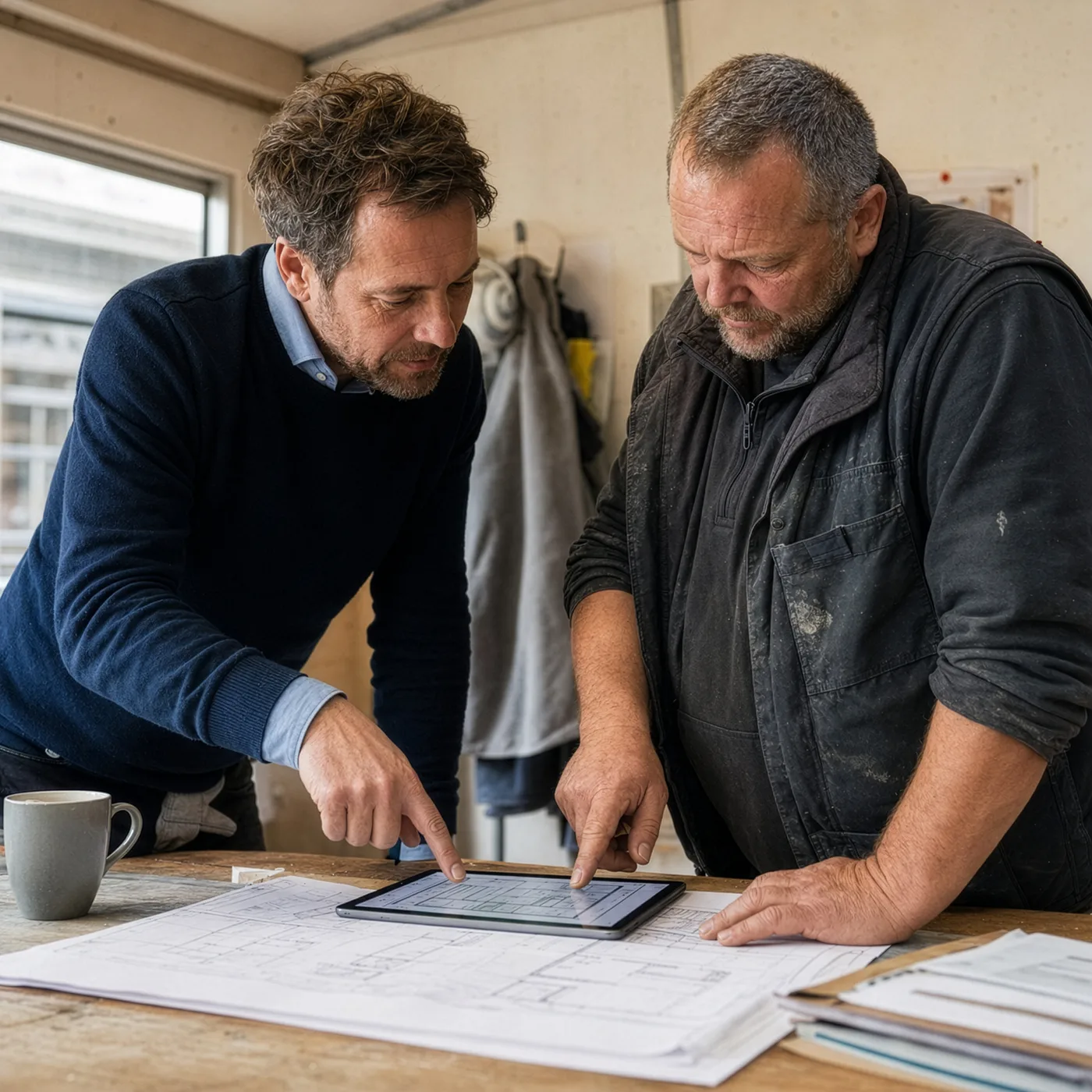 Berater und Handwerker besprechen einen Plan am Tablet
